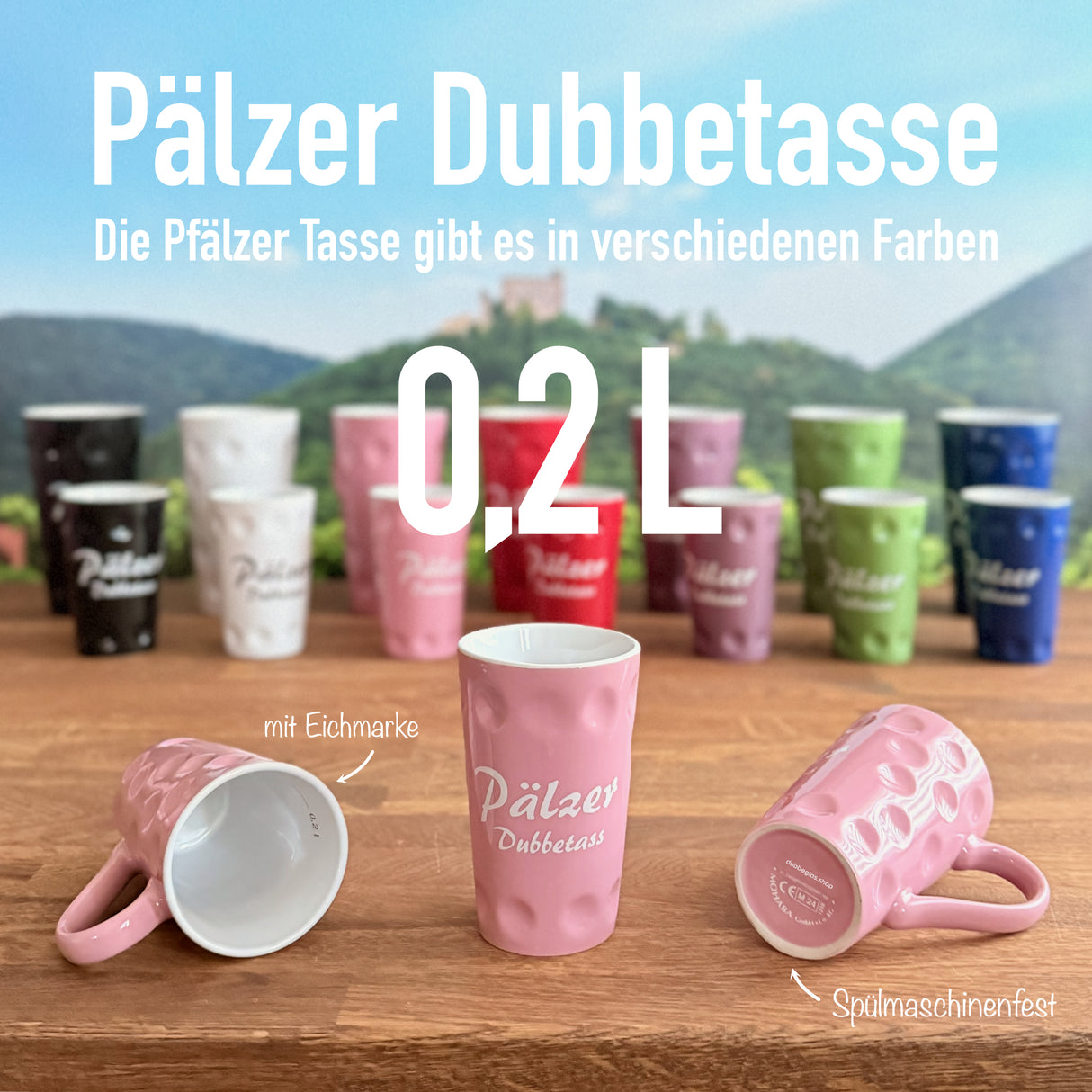 Rosa Pälzer Dubbetass 0,2 L - Pfalz Dubbetasse mit Aufdruck