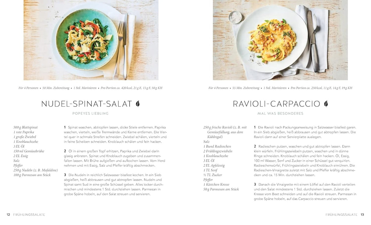1 Nudel - 40 Salate, Kochbuch von Gina Greifenstein, Nudel-Spinat-Salat, Ravioli-Carpaccio