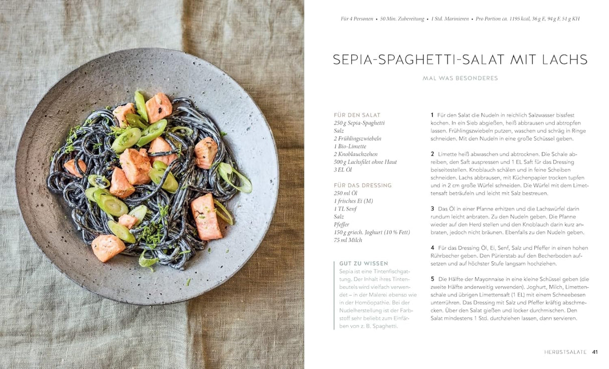 1 Nudel - 40 Salate, Kochbuch von Gina Greifenstein, Sepia-Spaghetti-Salat mit Lachs