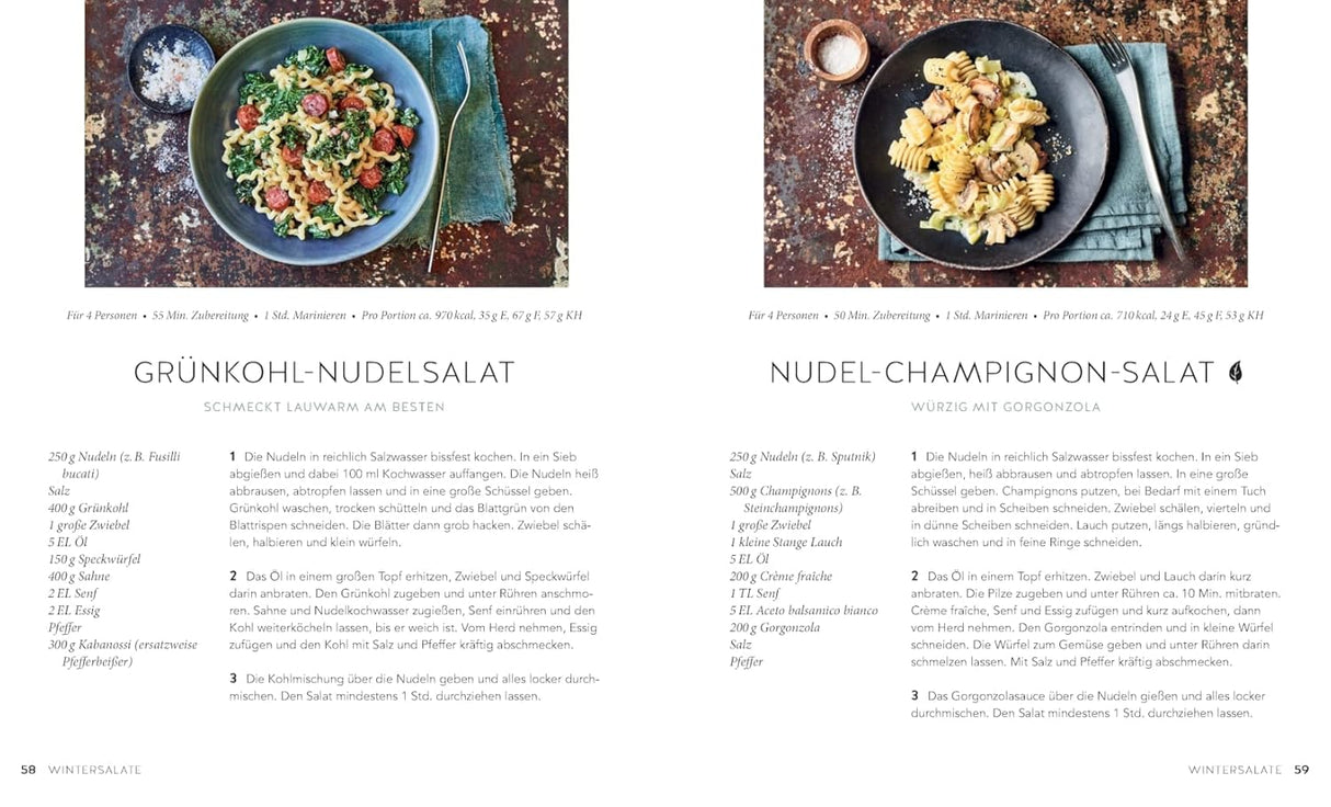 1 Nudel - 40 Salate, Kochbuch von Gina Greifenstein, Grünkohl-Nudelsalat, Nudel-Champignon-Salat