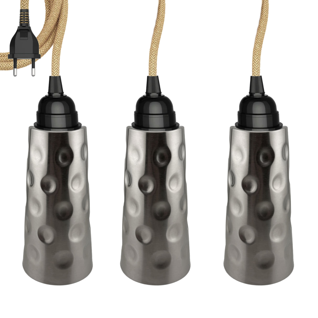 3 x Dubbeglas Lampe E27 mit Stecker & Schalter, 8 m (Bundle) Hanfkabel