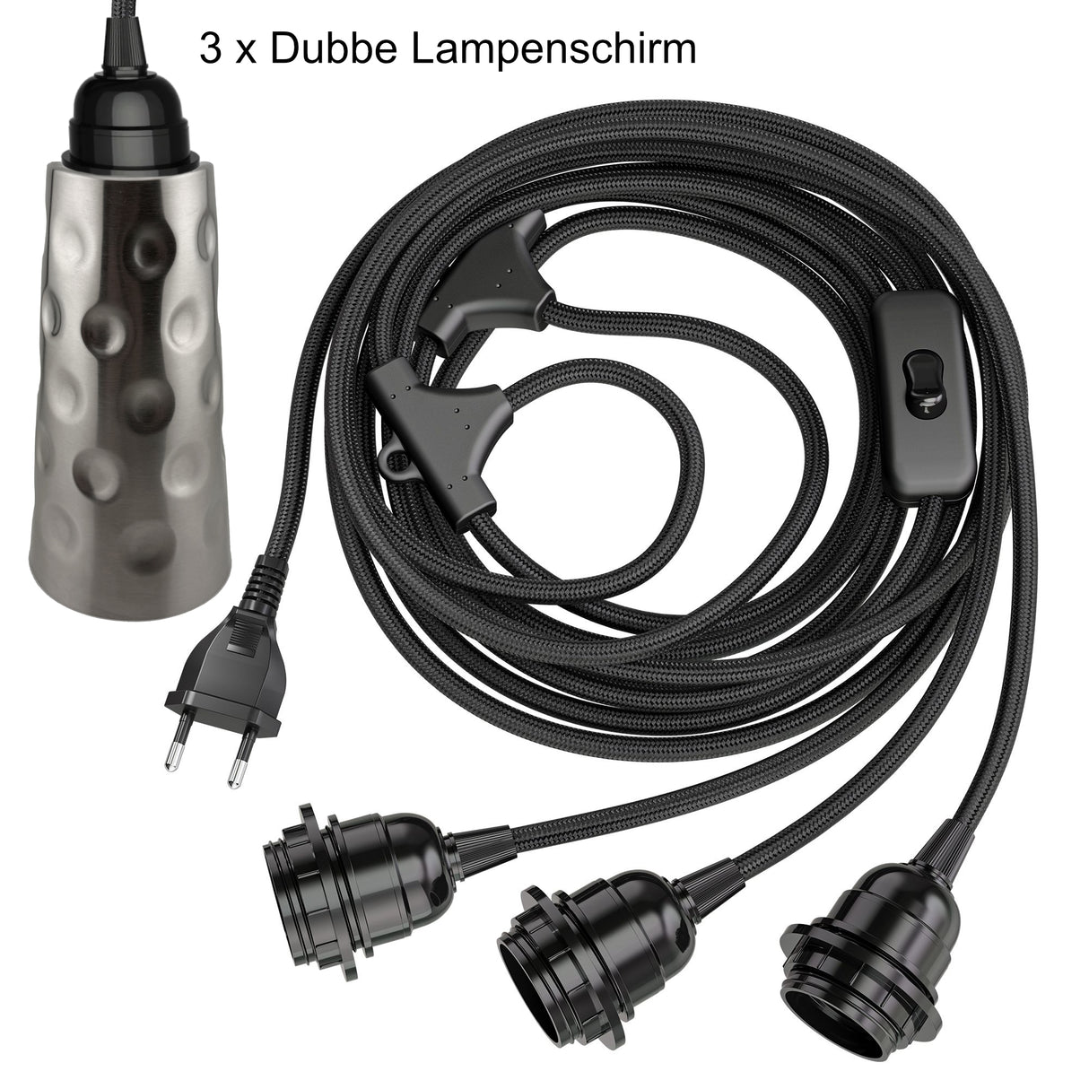 3 x Dubbeglas Lampe E27 mit Stecker & Schalter, 8 m (Bundle) schwarzes Stoffkabel