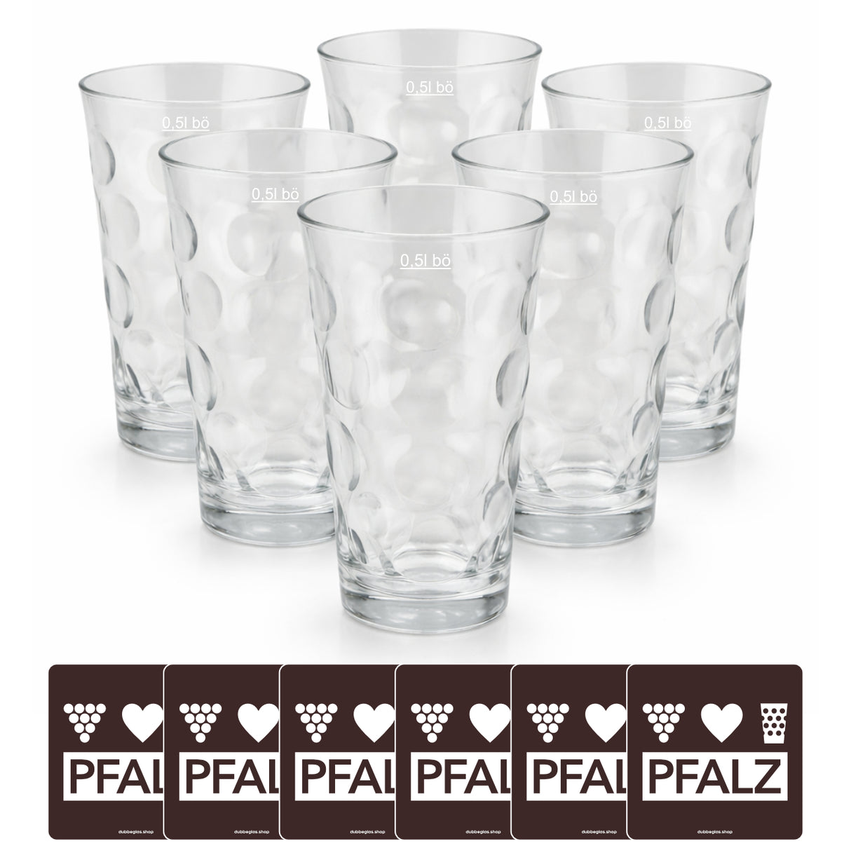6 x Dubbegläser 0,5 L + PFALZ Untersetzer