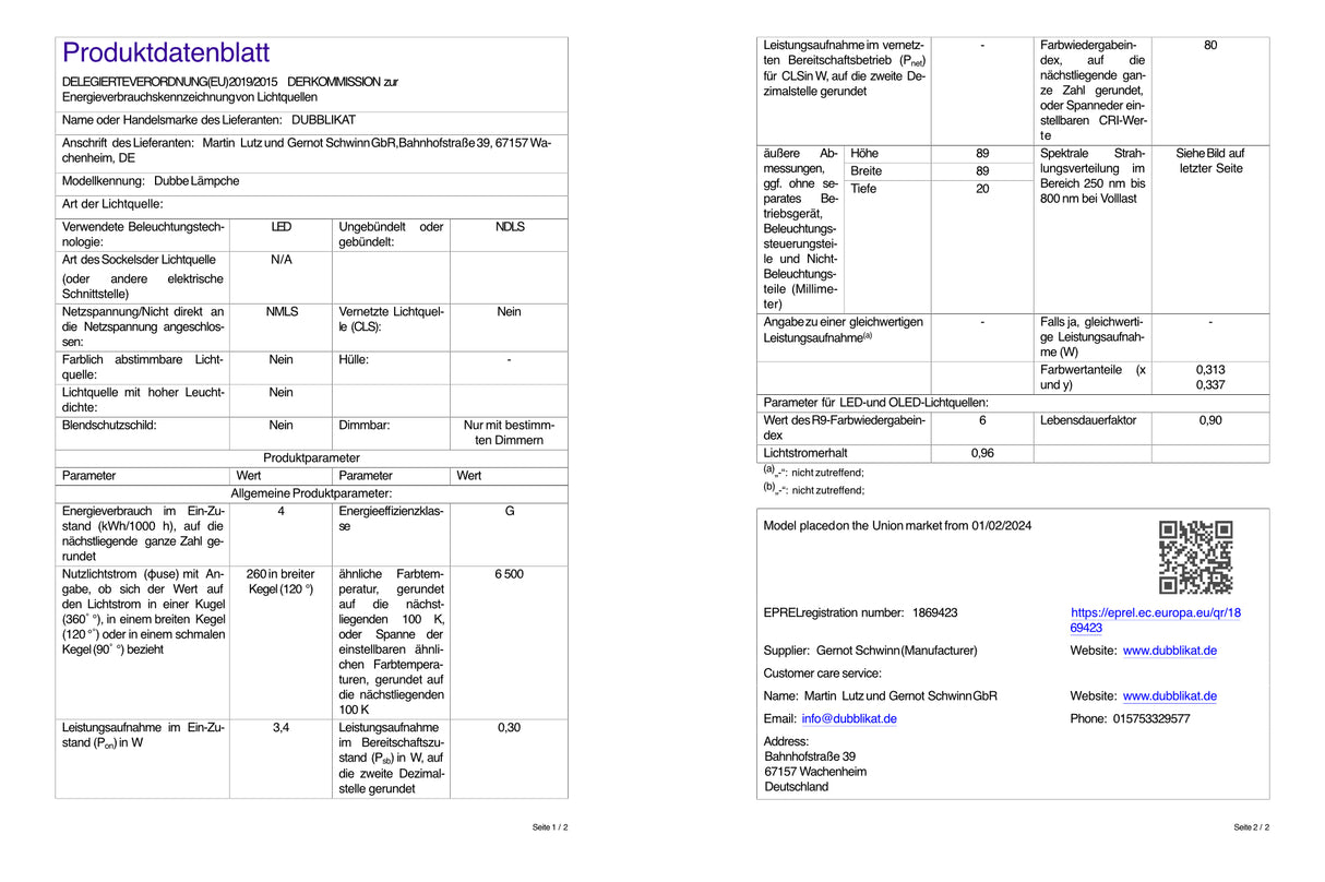 Produktdatenblatt: Dubbeglas Lampe - Dubbe Lämpche