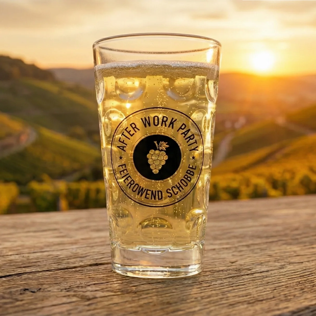 Nach dem Feierabend ein Rieslingschorle aus diesem Dubbeglas.