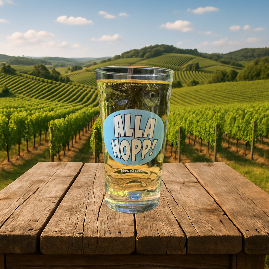ALLA HOPP Dubbeglas 0,5 L mit Rieslilngschorle in Pfälzer Weinbergen