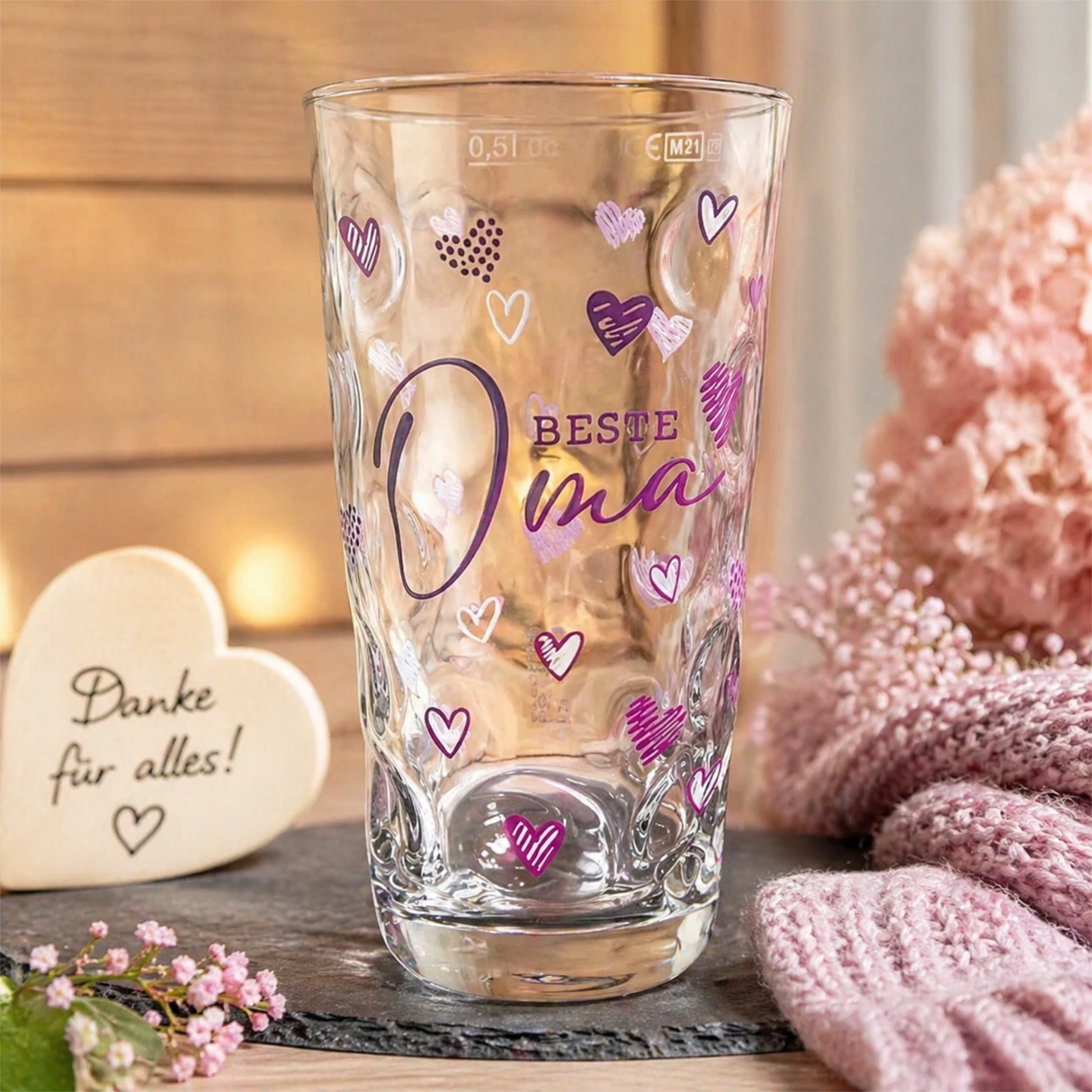 Beste Oma Dubbeglas 0,5 L - mit vielen Herzen