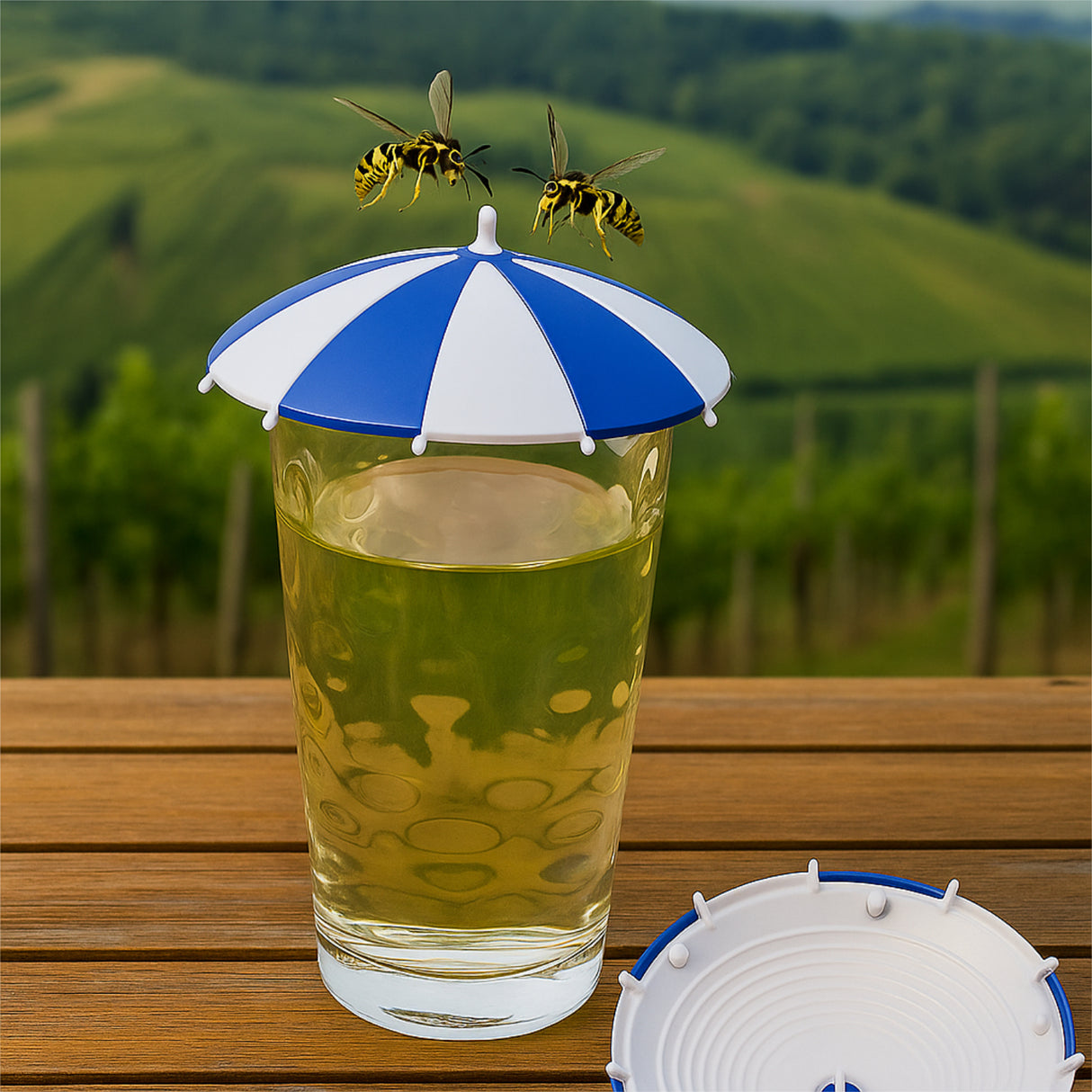 Blauer Dubbeglas Deckel als Sonnenschirm, mit Pfälzer Schorle