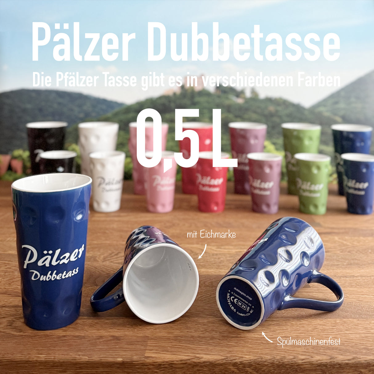 Blaue Pälzer Dubbetass 0,5 L - Dubbetasse mit Aufdruck