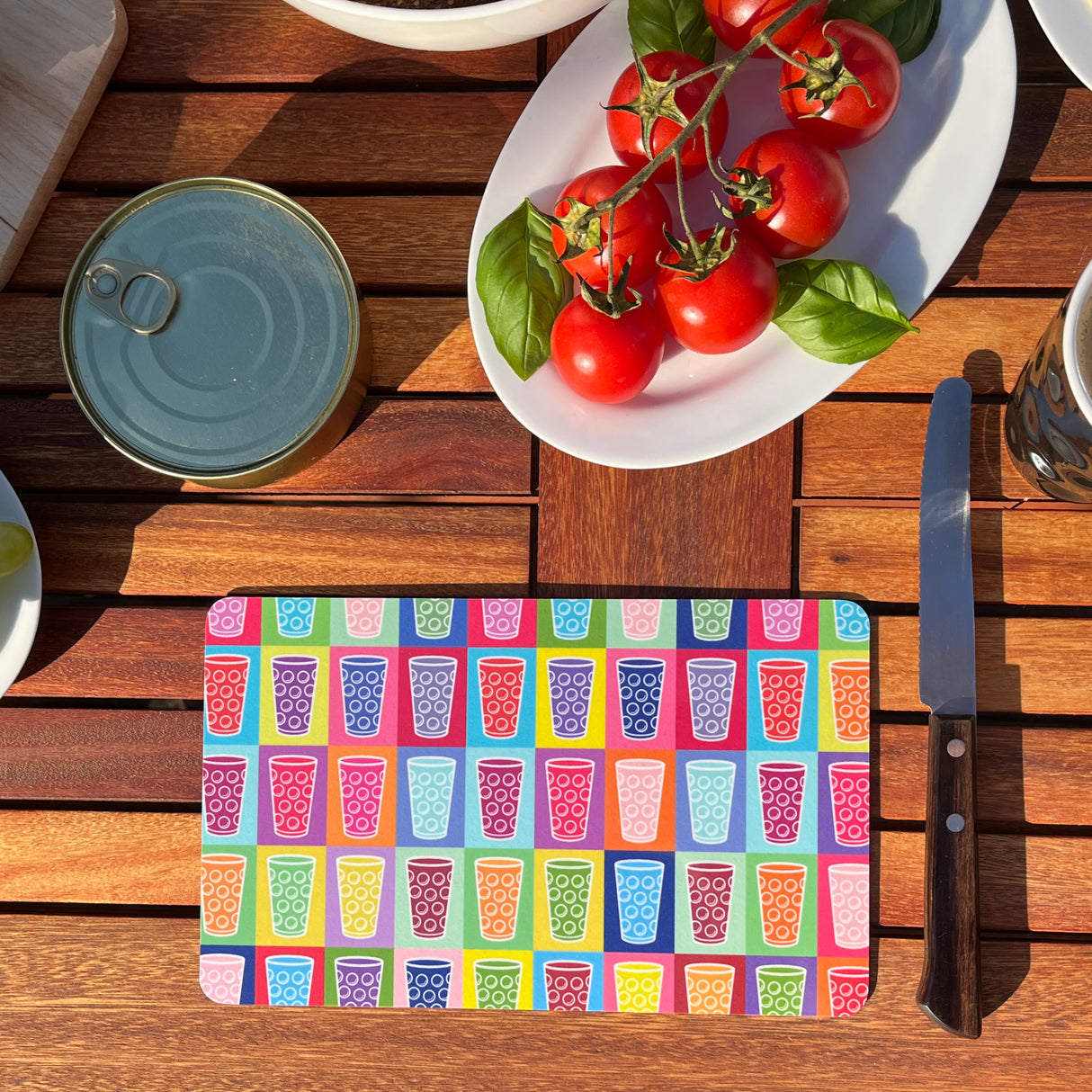 Dubbegläser Frühstücksbrettchen - bunter Hintergrund, Pfalz Vesperbrett