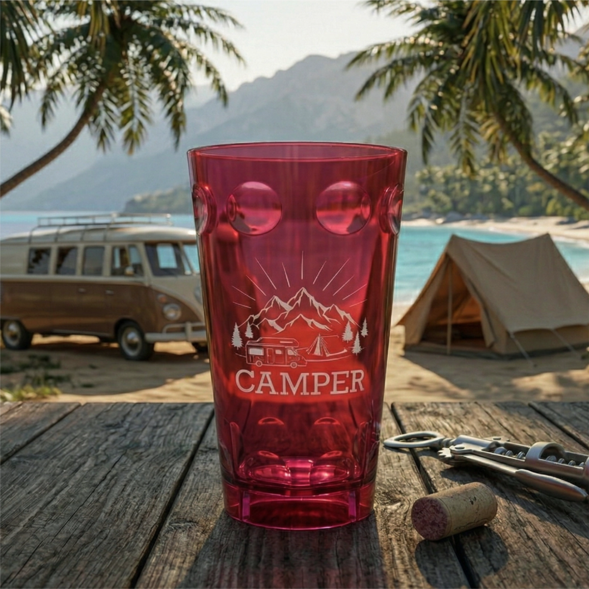 Camper Dubbebecher - Pink, am Meer