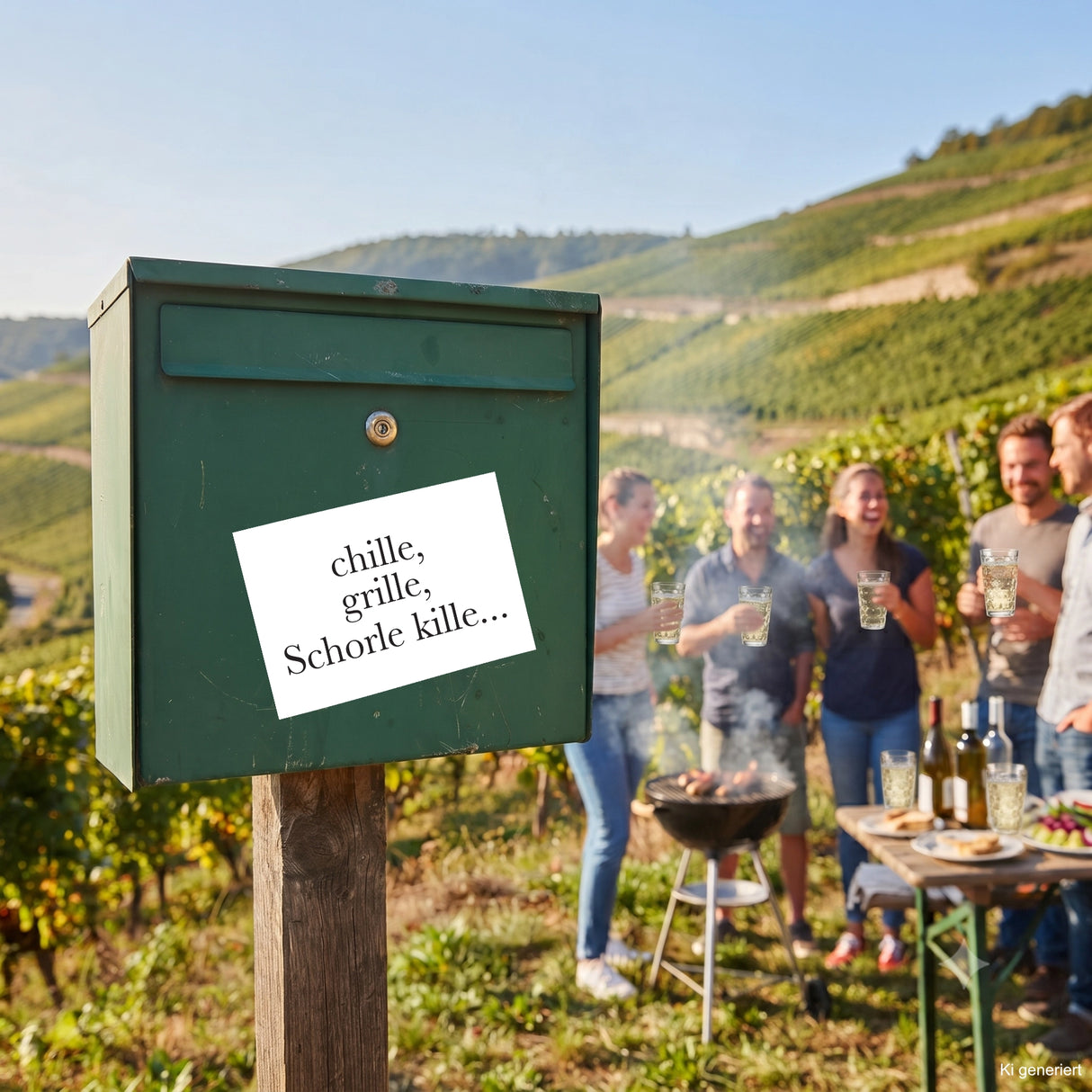 Chille, Grille, Schorle kille - Aufkleber auf einem Briefkaste in den Pfälzer Weinbergen