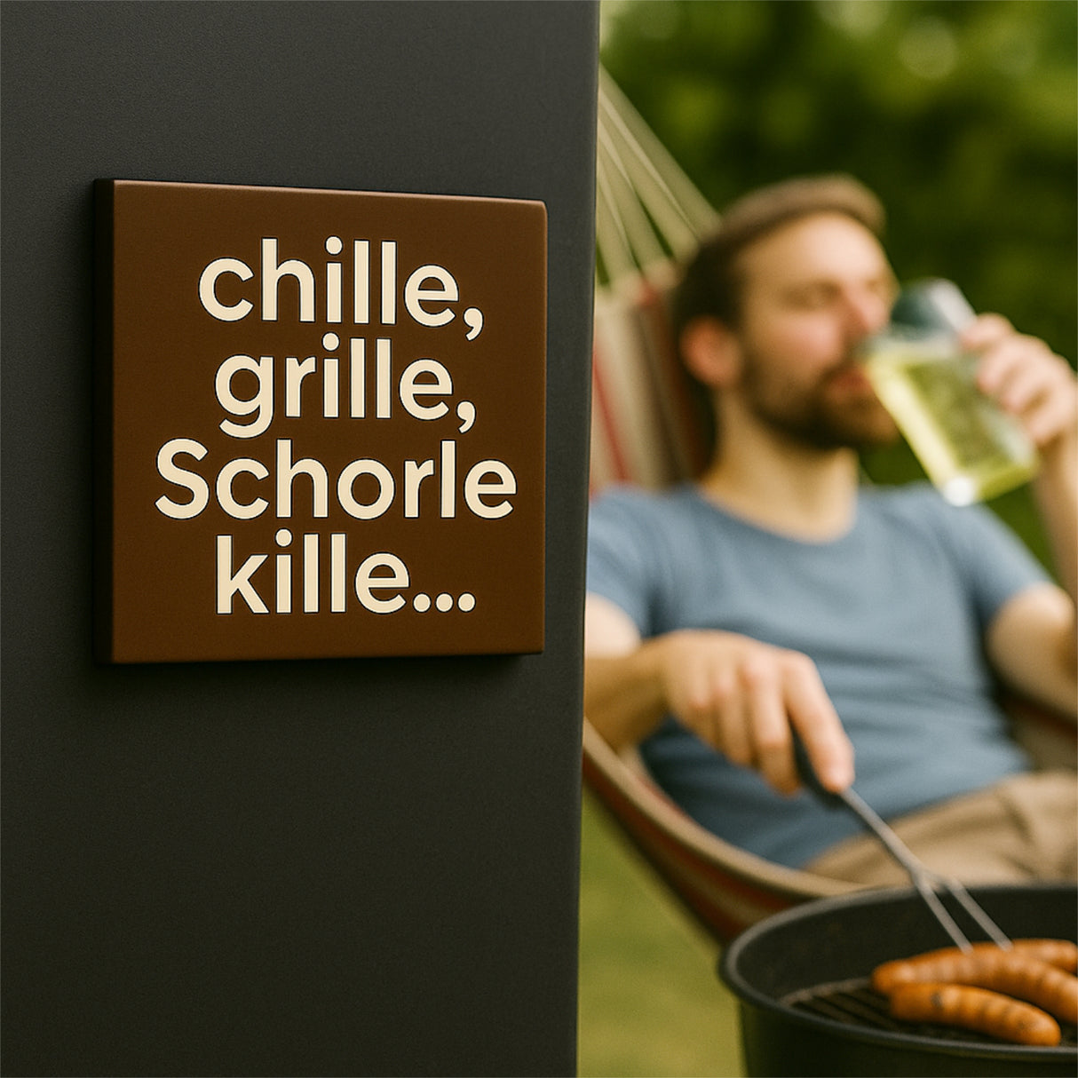 chille, grille, Schorle kille... Magnet, braun - mit einem Pfälzer