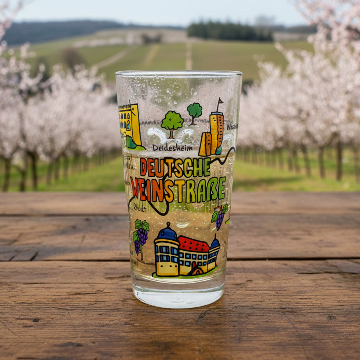 Deutsche Weinstraße Dubbeglas 0,5 L - bunt bedruckt, im Frühling