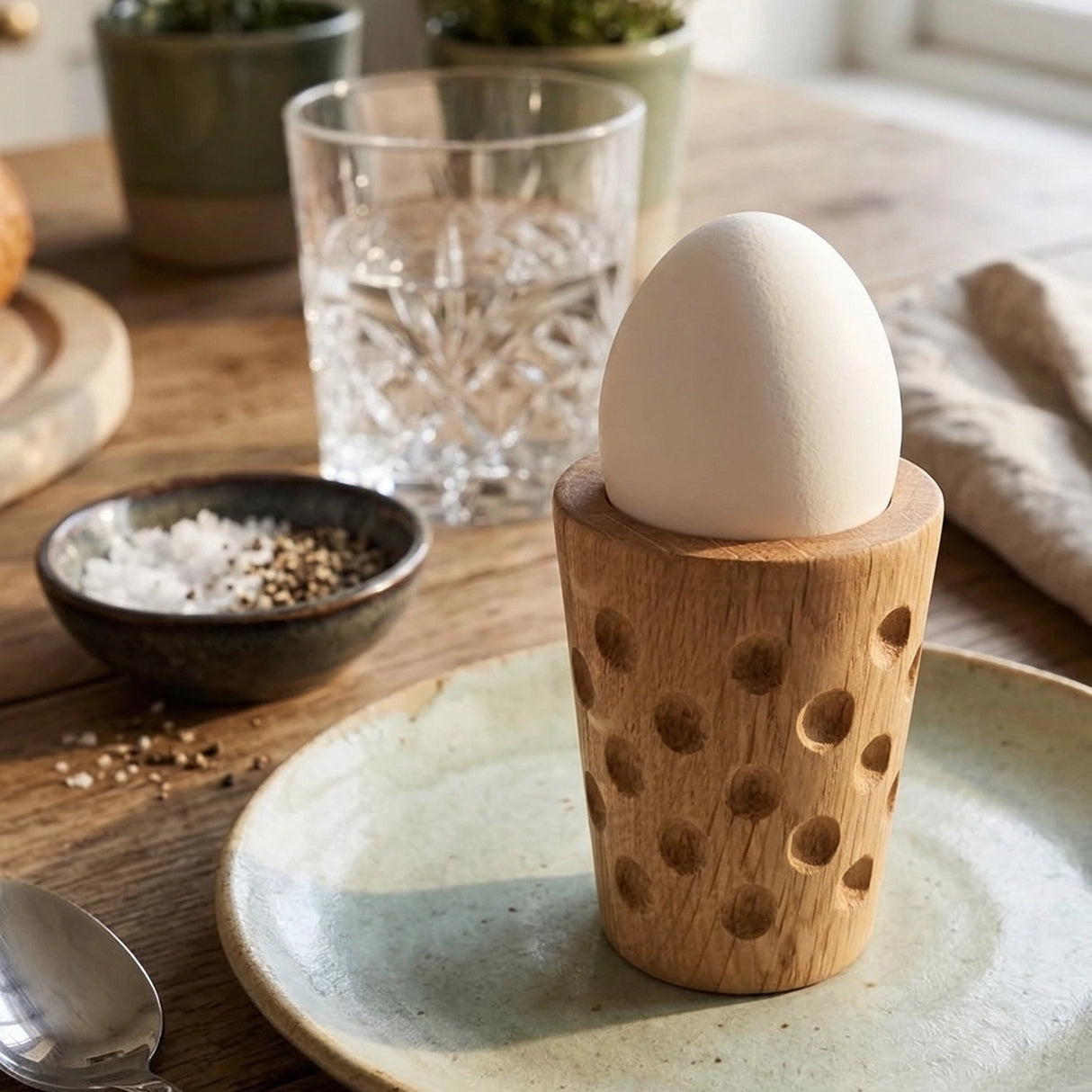 Der Dubbe Eierbecher ist aus Eichenholz