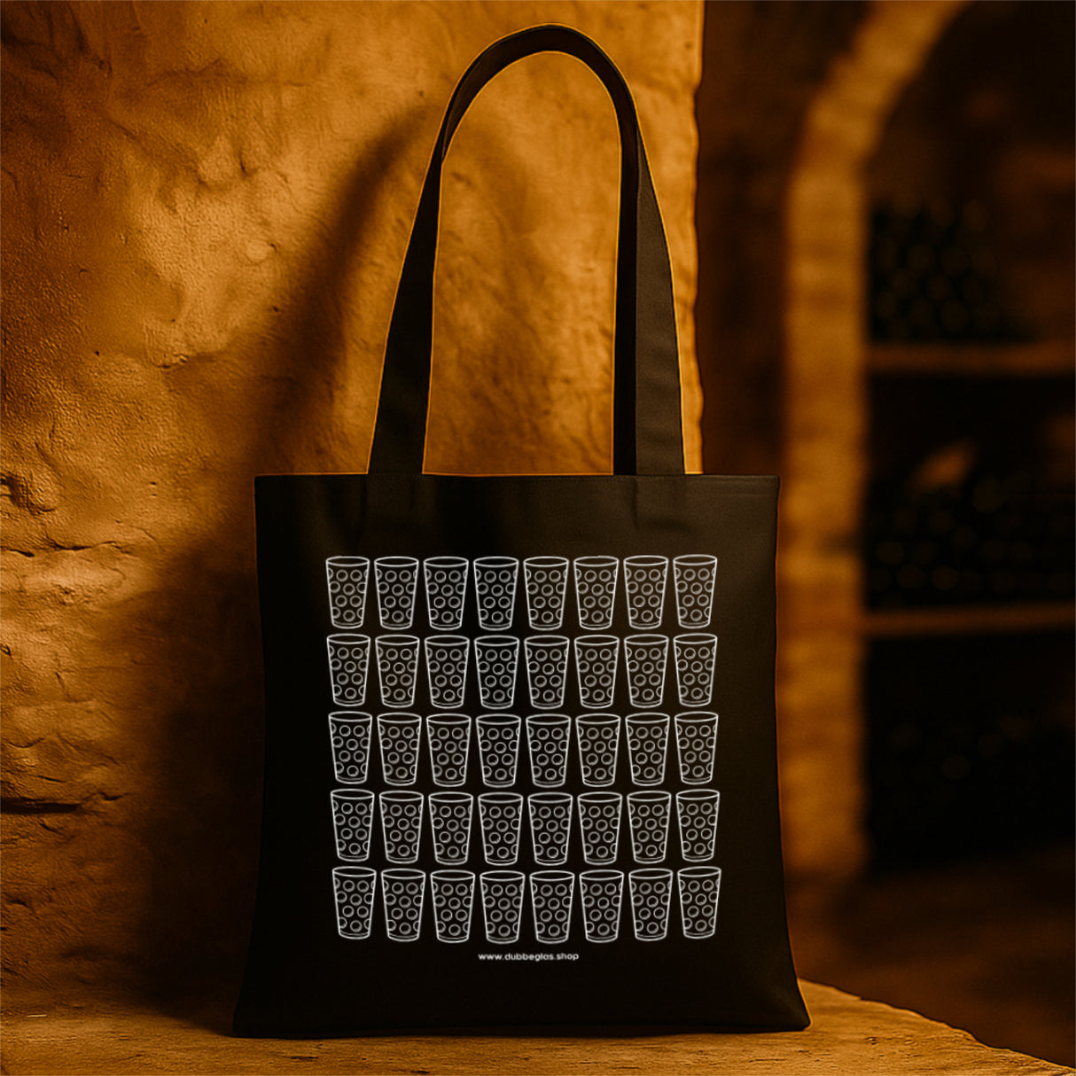 Dubbeglas Baumwolltasche im Weinkeller