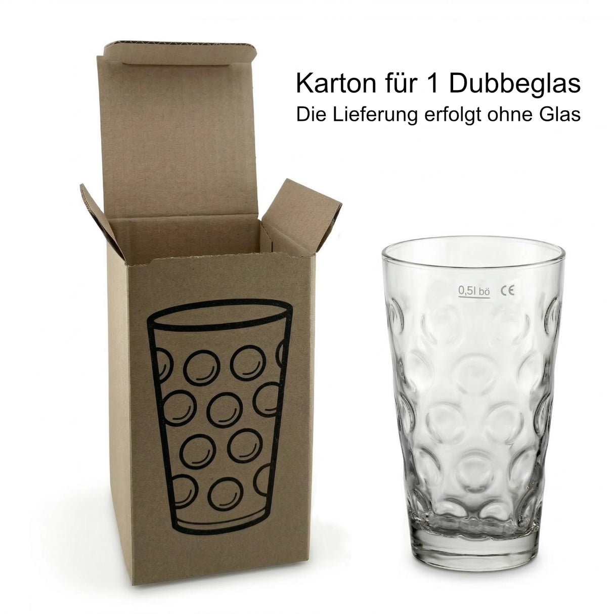 Dubbeglas Karton passend für 1 Dubbeglas. Die Lieferung erfolgt ohne Glas.