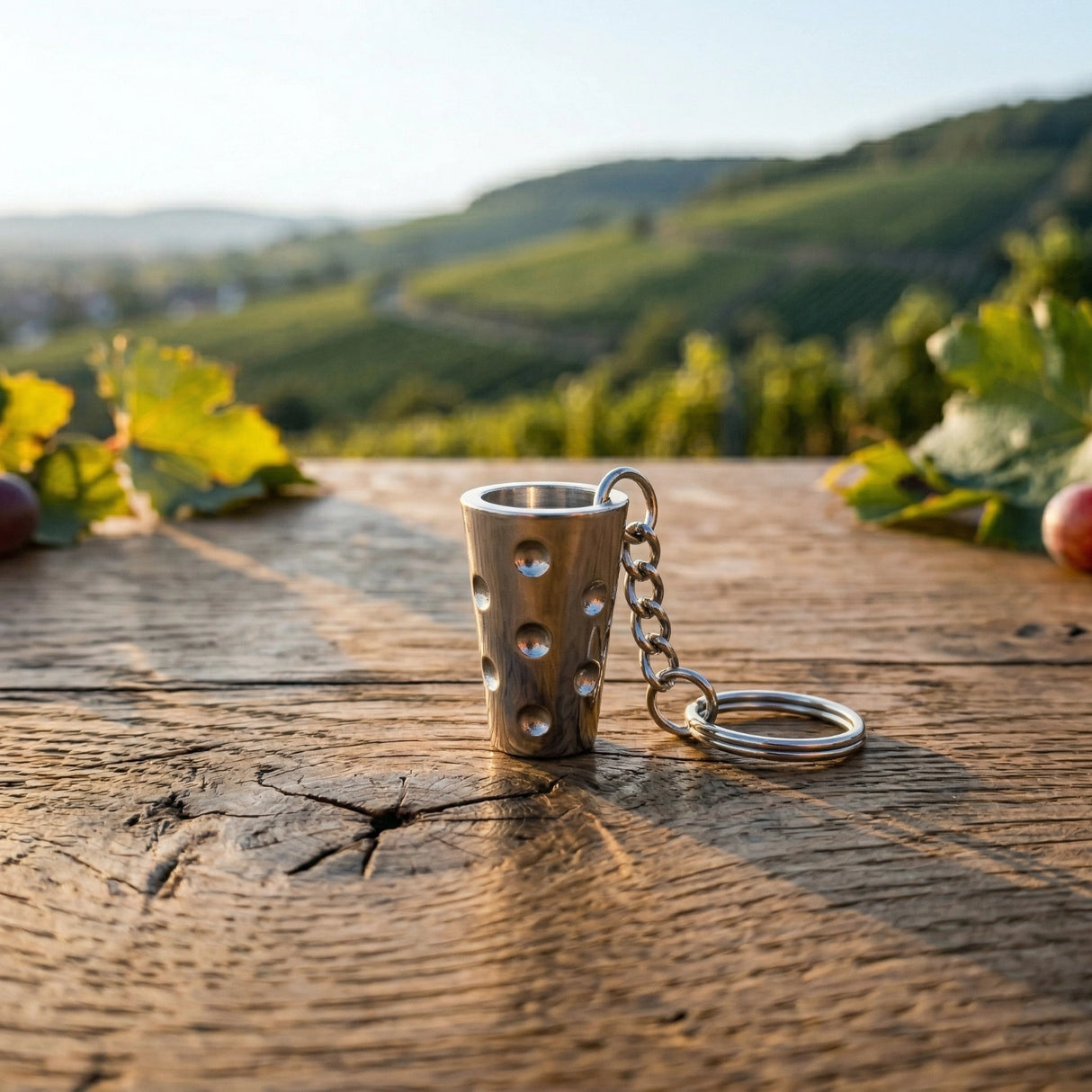 Silber farbiger Dubbeglas Schlüsselanhänger auf einem Holztisch