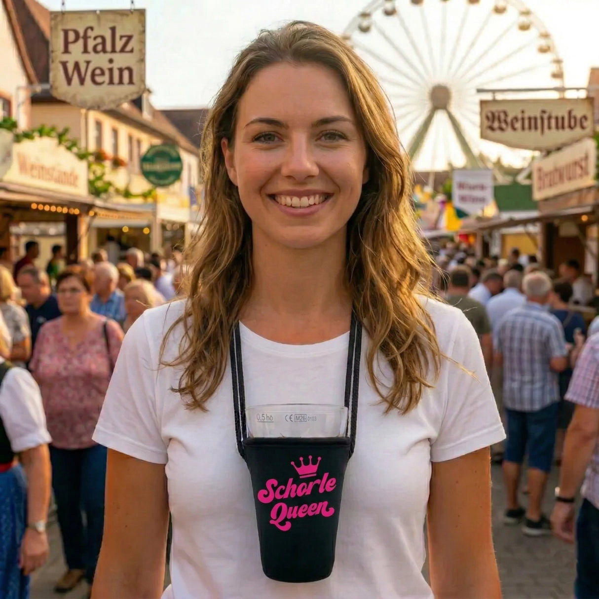 Mit dem Dubbeglashalter immer die Schorle griffbereit – wie es sich für eine Queen auf dem Wurstmarkt in Bad Dürkheim gehört