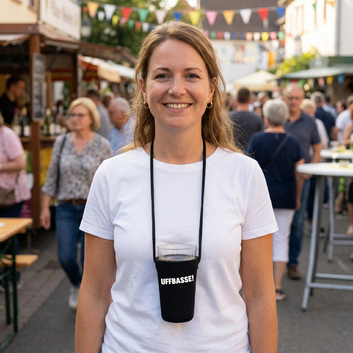 Der UFFBASSE! Dubbeglashalter ist praktisch für den Besuch von einem Pfälzer Weinfest.