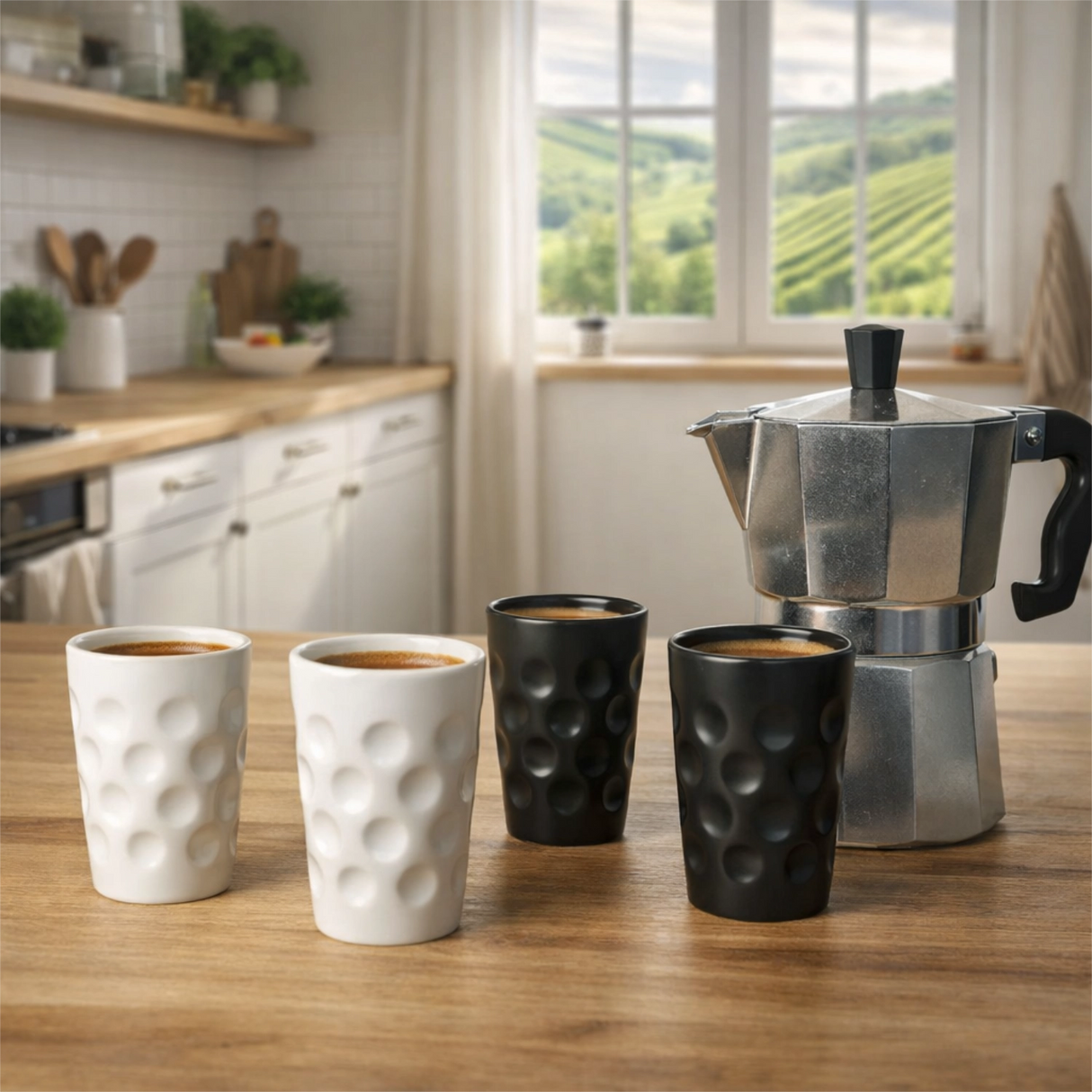 Schwarze und Weße Espresso Dubbetassen auf dem Küchentisch