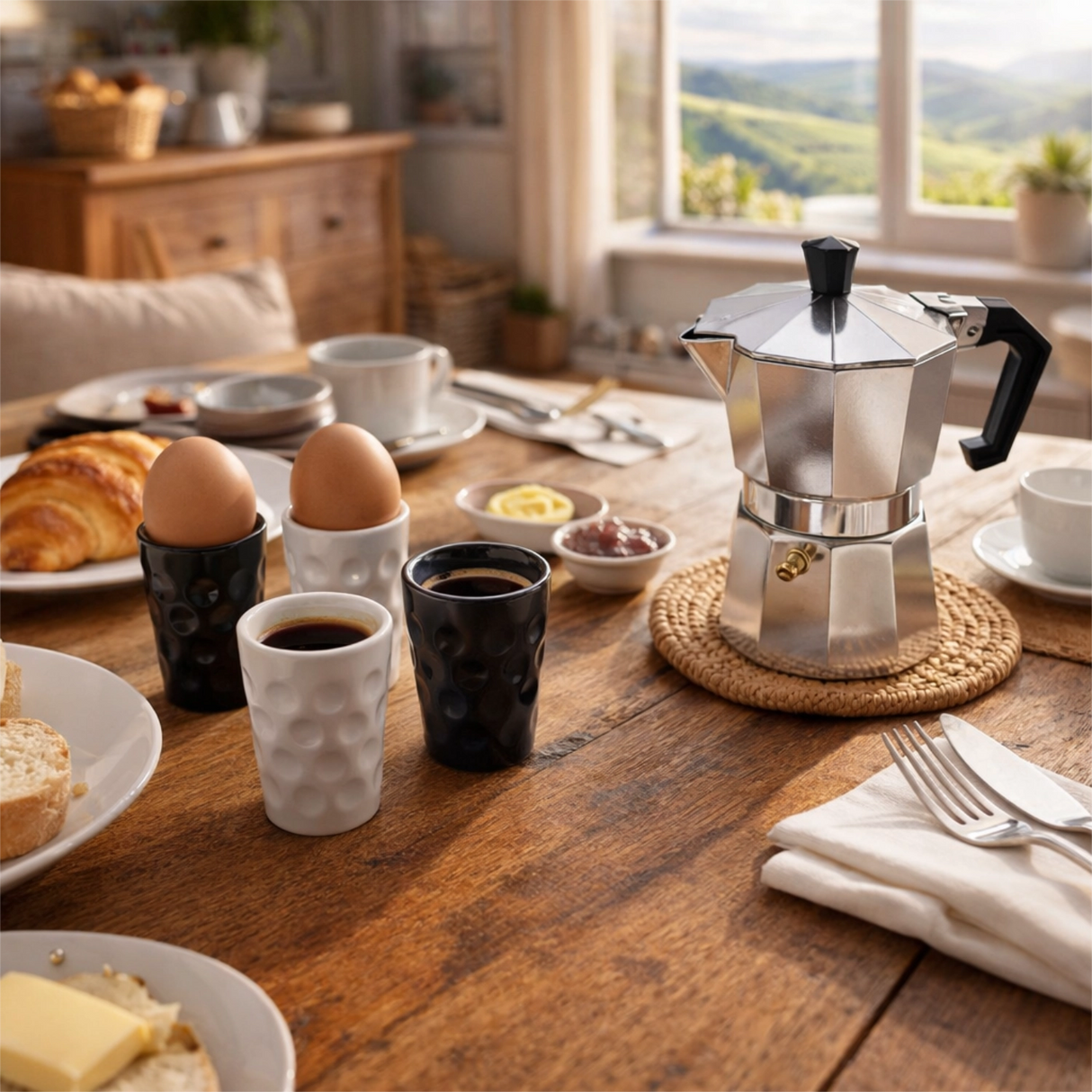 Weiße und Schwarze Espresso Dubbetasse und Dubbeglas Eierbecher auf dem Küchentisch
