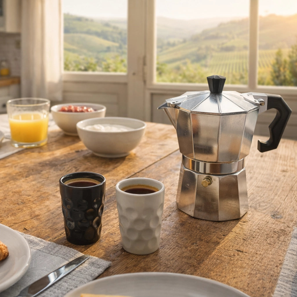 Weiße und Schwarze Espresso Dubbetasse auf dem Küchentisch