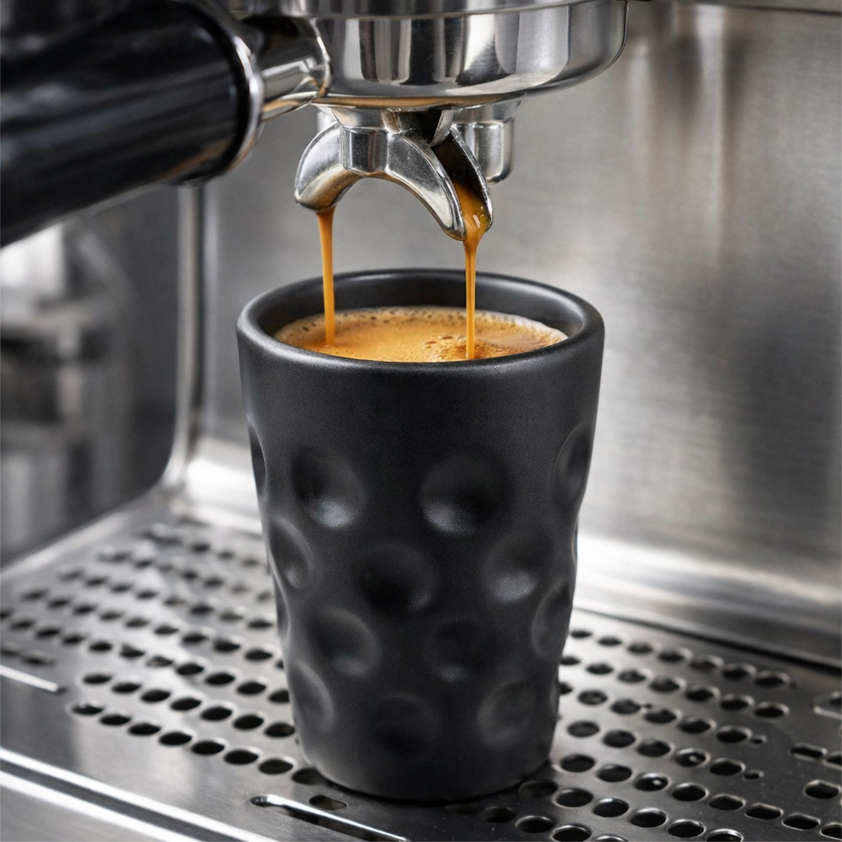 Schwarze Espresso Dubbetasse unter Kaffeemaschine