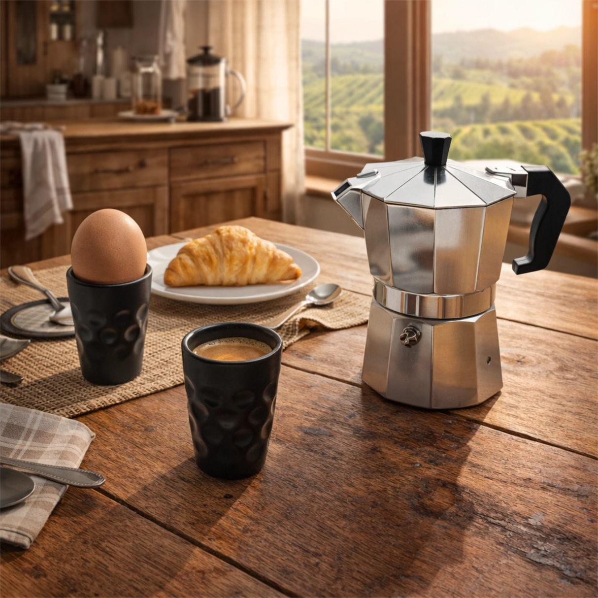 Schwarze Espresso Dubbetasse und Dubbe Eierbecher auf dem Küchentisch