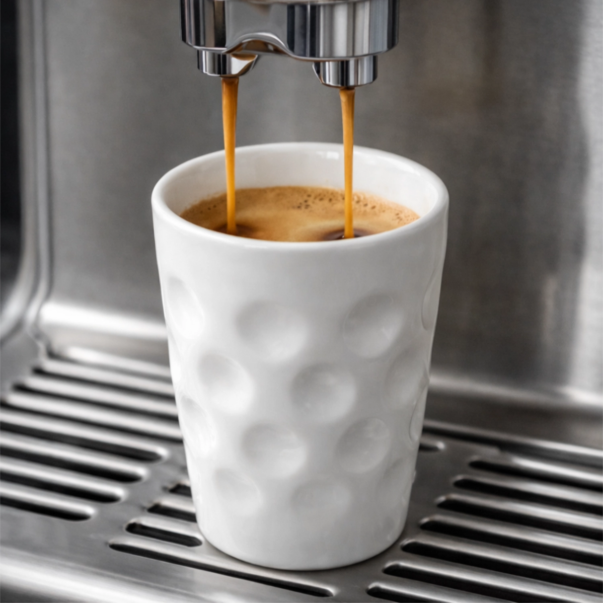 Weiße Dubbe Espressotasse unter Kaffeemaschine