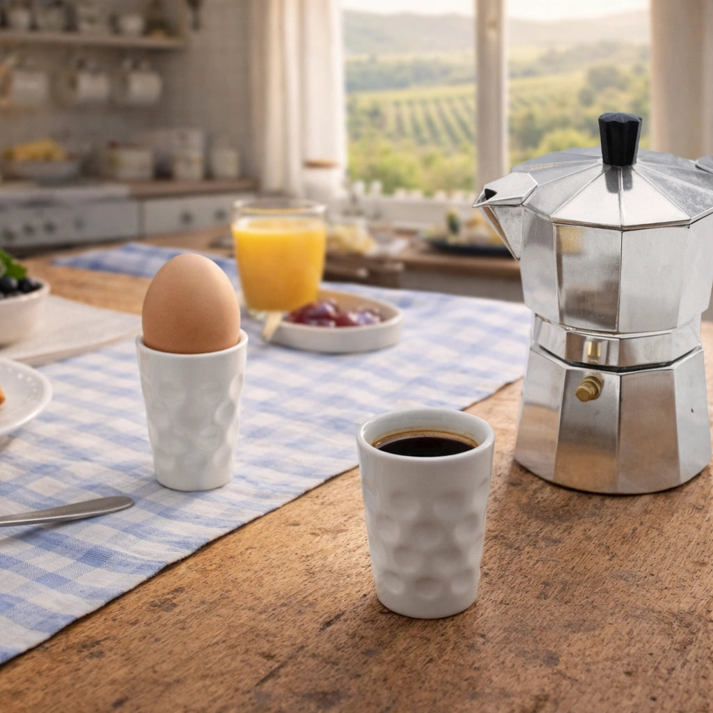 Weiße Espresso Dubbetasse und Dubbe Eierbecher auf einem Küchentisch