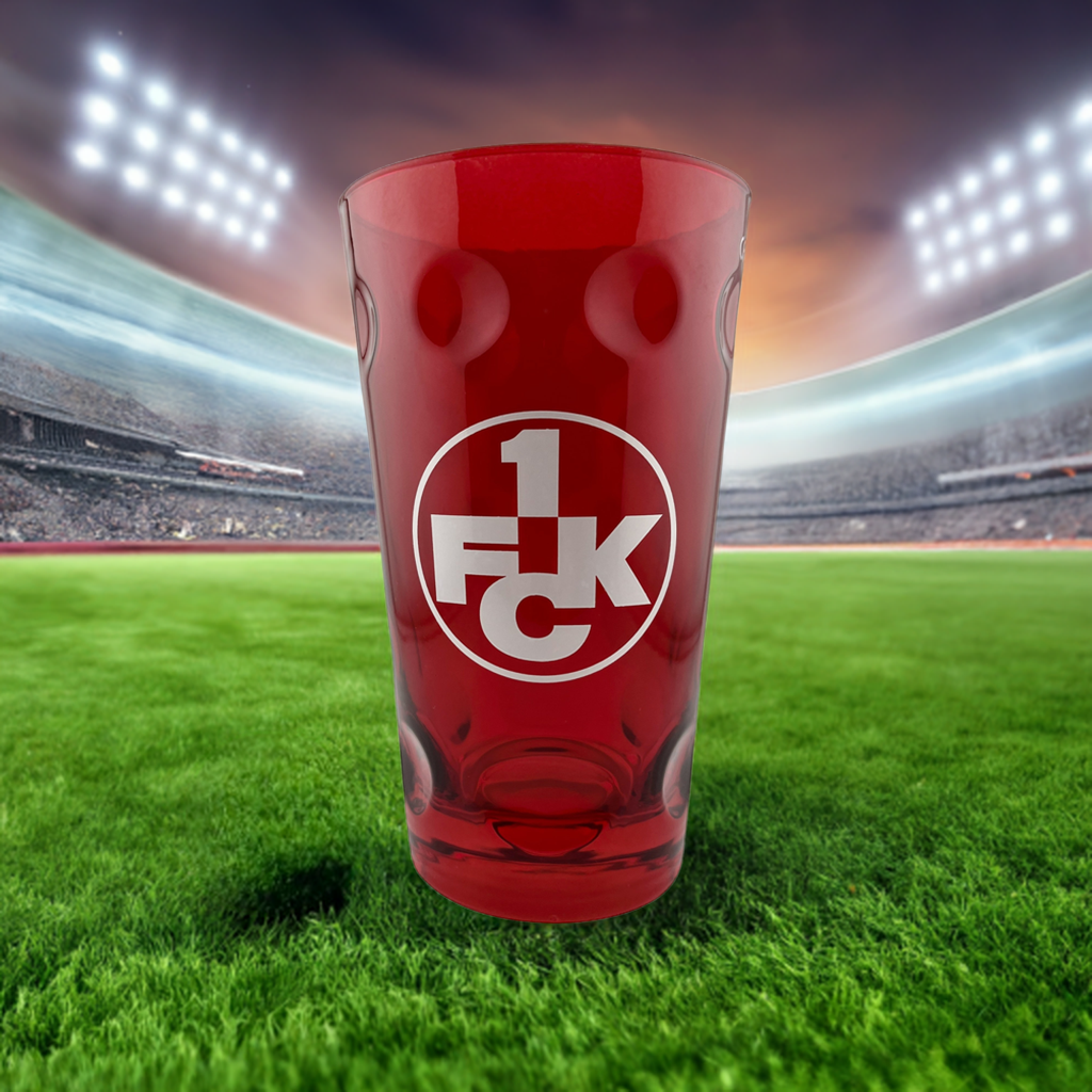 1. FCK Dubbeglas 0,5 L ganz rot gefärbt, 1 FC Kaiserslautern im Stadion