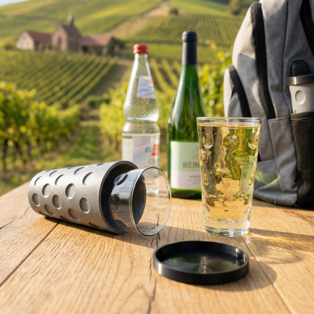 Die graue Dubbeglasbox ist ideal für Wanderungen in der Pfalz um unterweges eine Schorle aus einem Dubbeglas zu trinken.