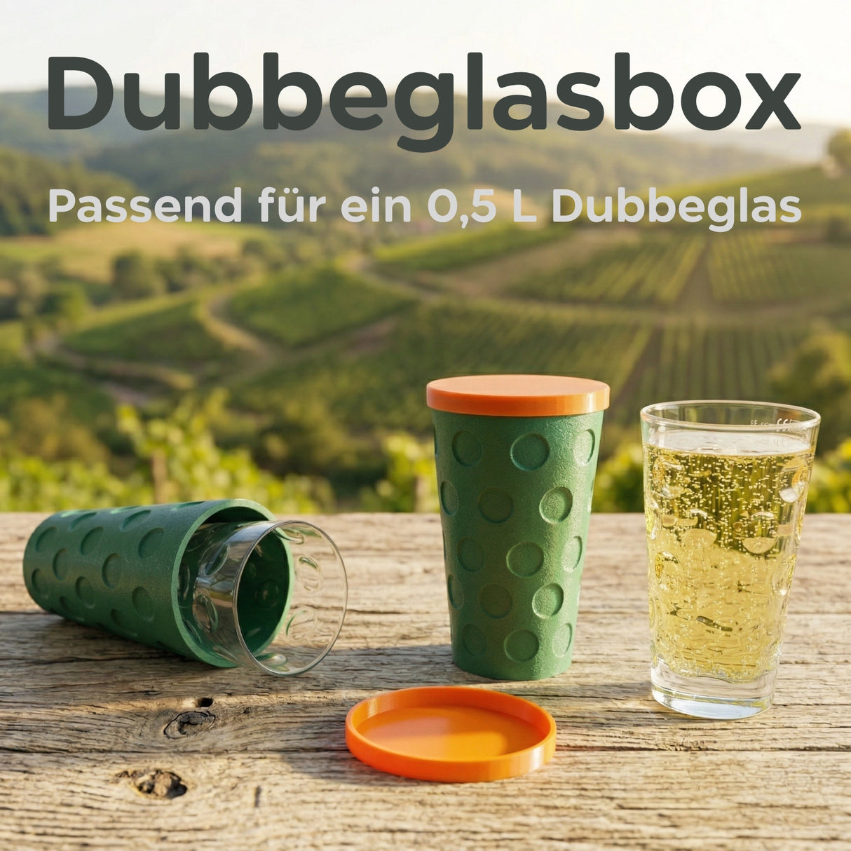 In die grüne Dubbebox passt ein 0,5 Liter Dubbeglas. Ideal bei Ausflügen in der Pfalz, um eine Schorle aus einem Dubbeglas zu trinken.