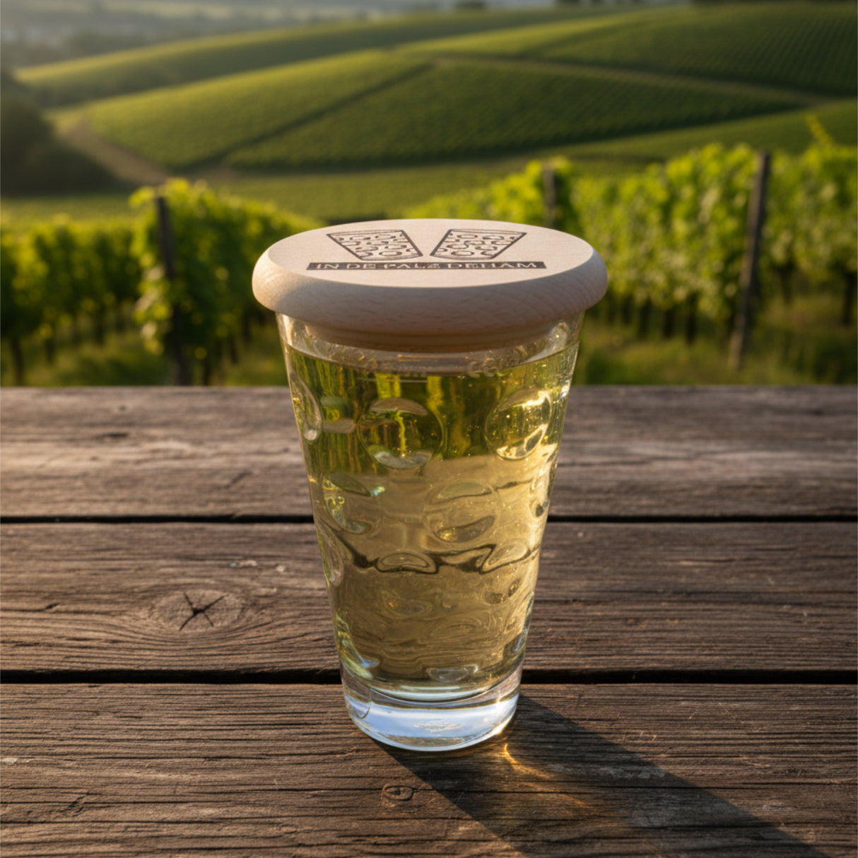 In de Palz dehäm - Dubbeglas Deckel mit Aufdruck, in Pfälzer Weinbergen