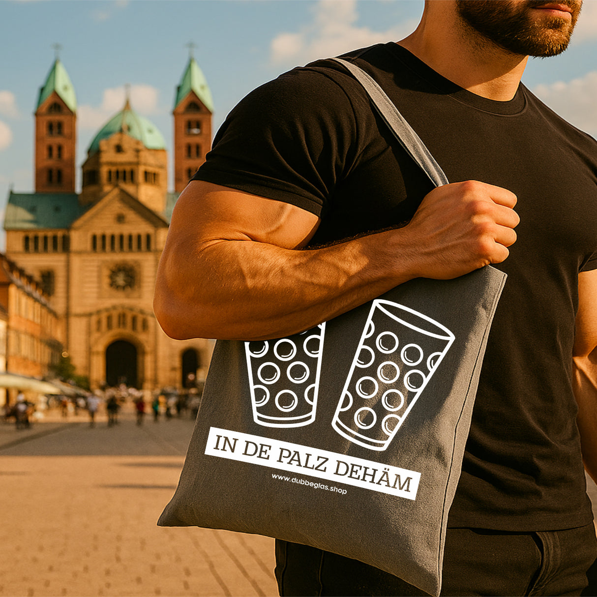 In de Palz dehäm & Dubbegläser Baumwolltasche, Pfälzer mit Tasche vor dem Dom in Speyer