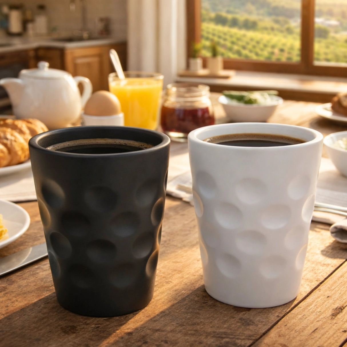 Keramik Dubbebecher aus der Pfalz, in schwarz und weiß, mit Kaffee