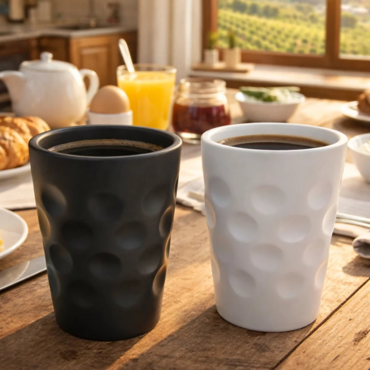 Keramik Dubbebecher aus der Pfalz, in schwarz und weiß, mit Kaffee