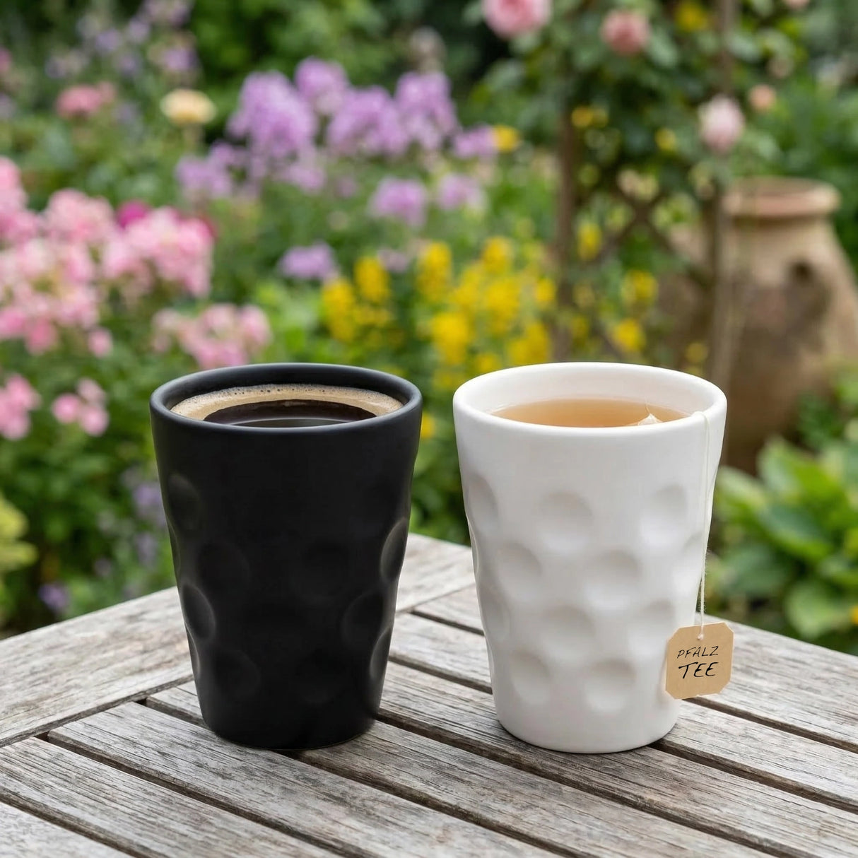 Keramik Dubbebecher aus der Pfalz, in schwarz und weiß, mit Kaffee und Tee - im Garten