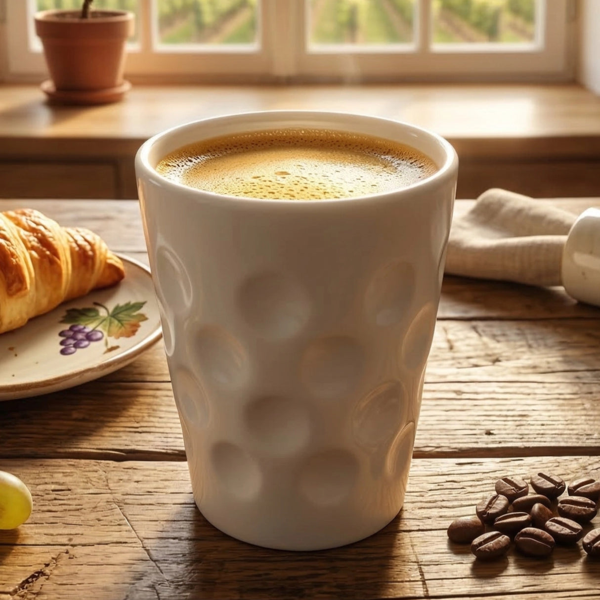 Weißer Keramik Dubbebechermit Kaffee