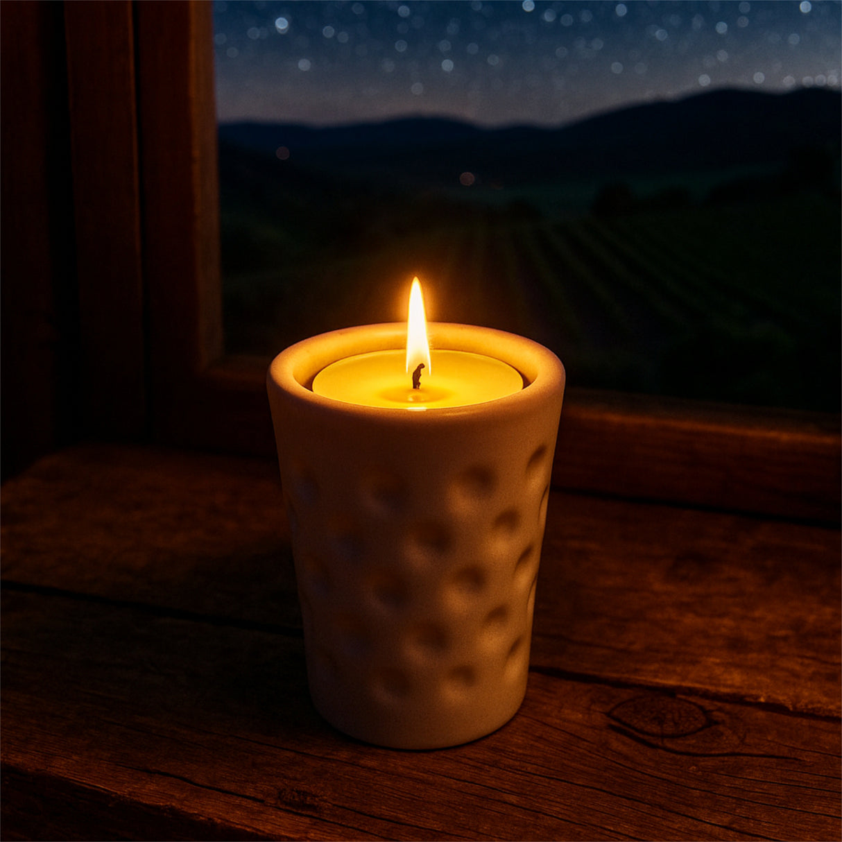 Mini Dubbeglas Teelichthalter (Keramik) am Fenster, bei Nacht