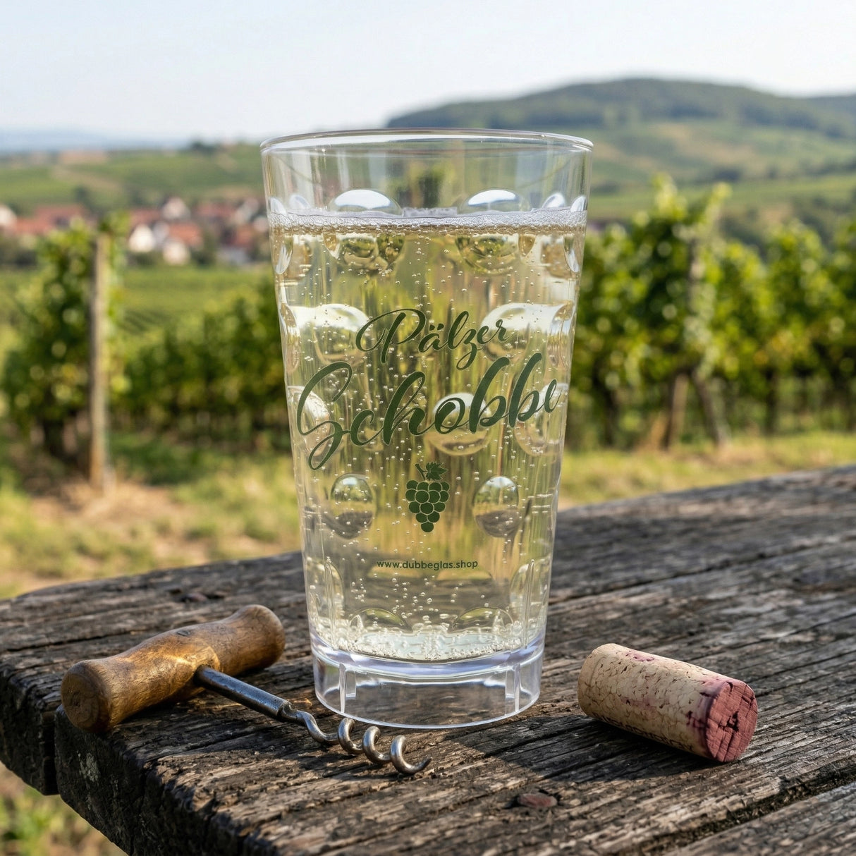 Der Pälzer Schobbe Dubbebecher ist ideal um unterwegs eine Pfälzer Rieslingschorle zu trinken.
