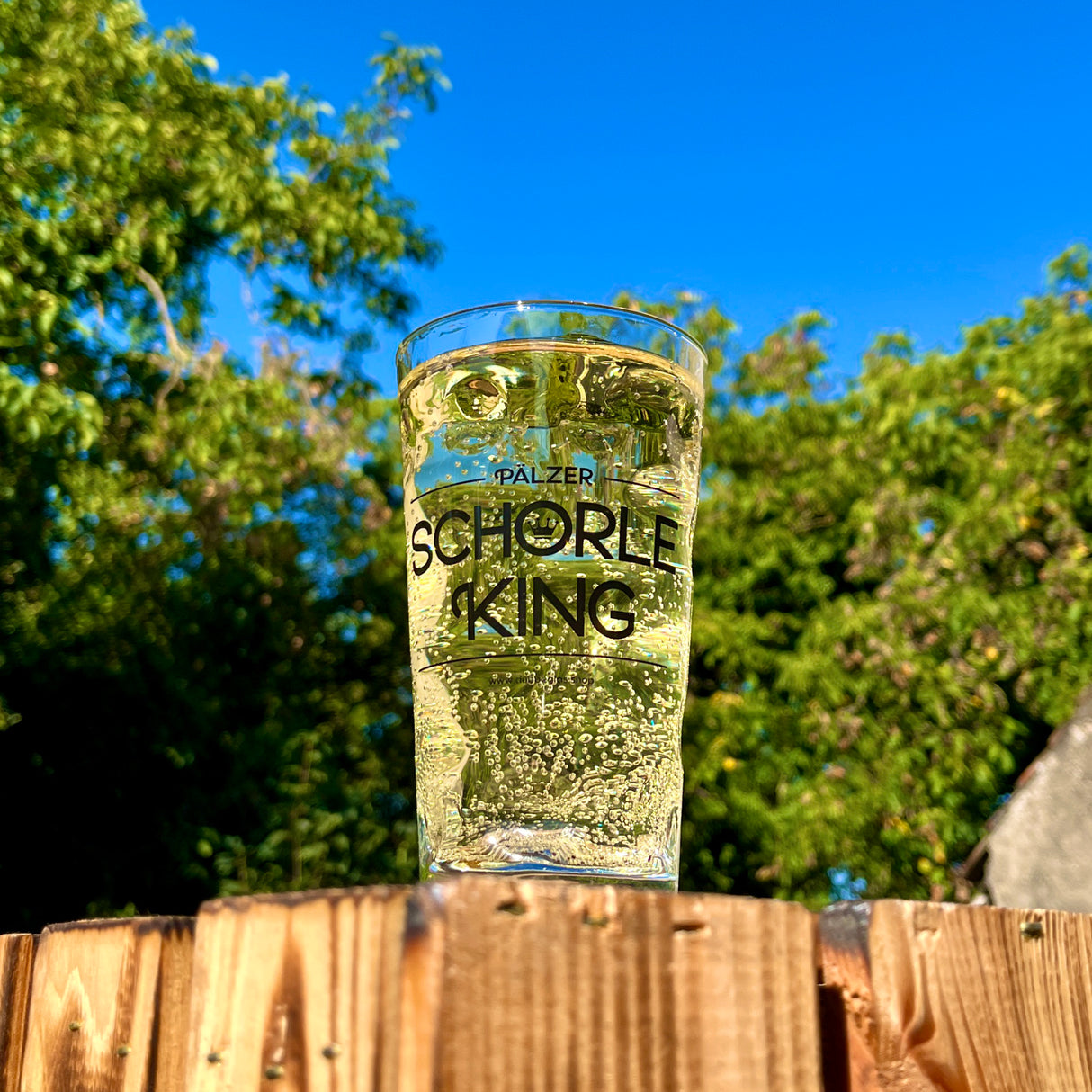 Pälzer Schorle King 0,5 L Dubbeglas im Garten