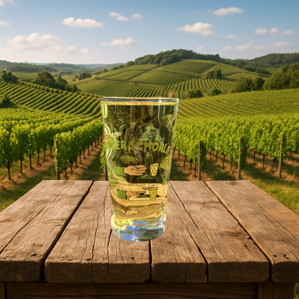 Pfälzer Schorle Dubbeglas 0,5 Liter mit Rieslingschorle in den Weinbergen
