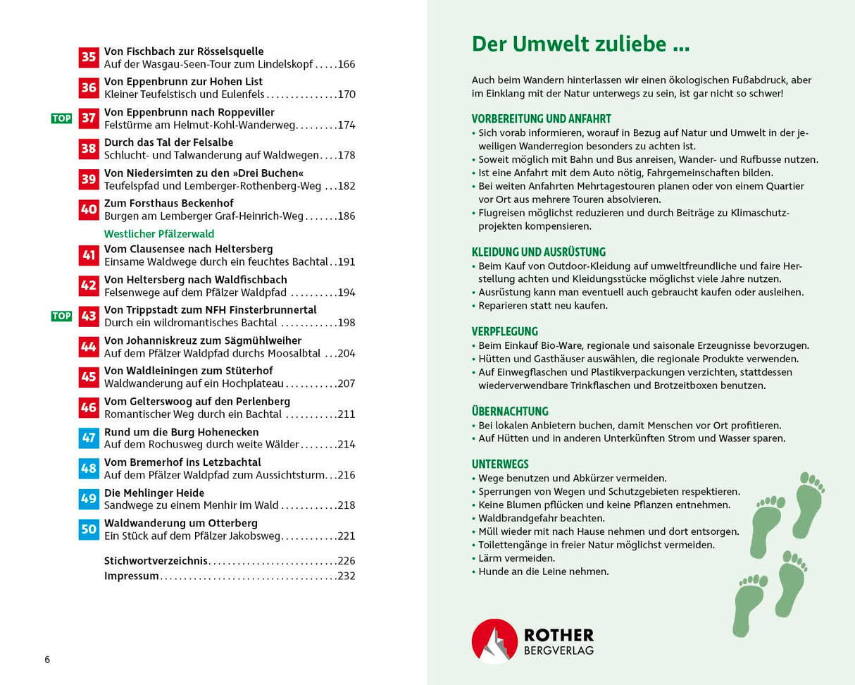 Wandern & Einkehren im Pfälzerwald und Deutsche Weinstraße, Inhaltsverzeichnis