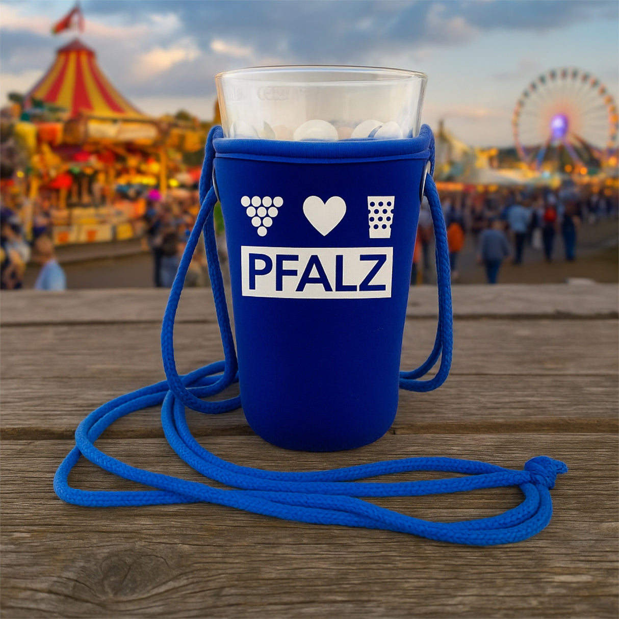 Pfalz Dubbeglashalter in der Farbe Blau, auf dem Wurstmarkt in Bad Dürkheim