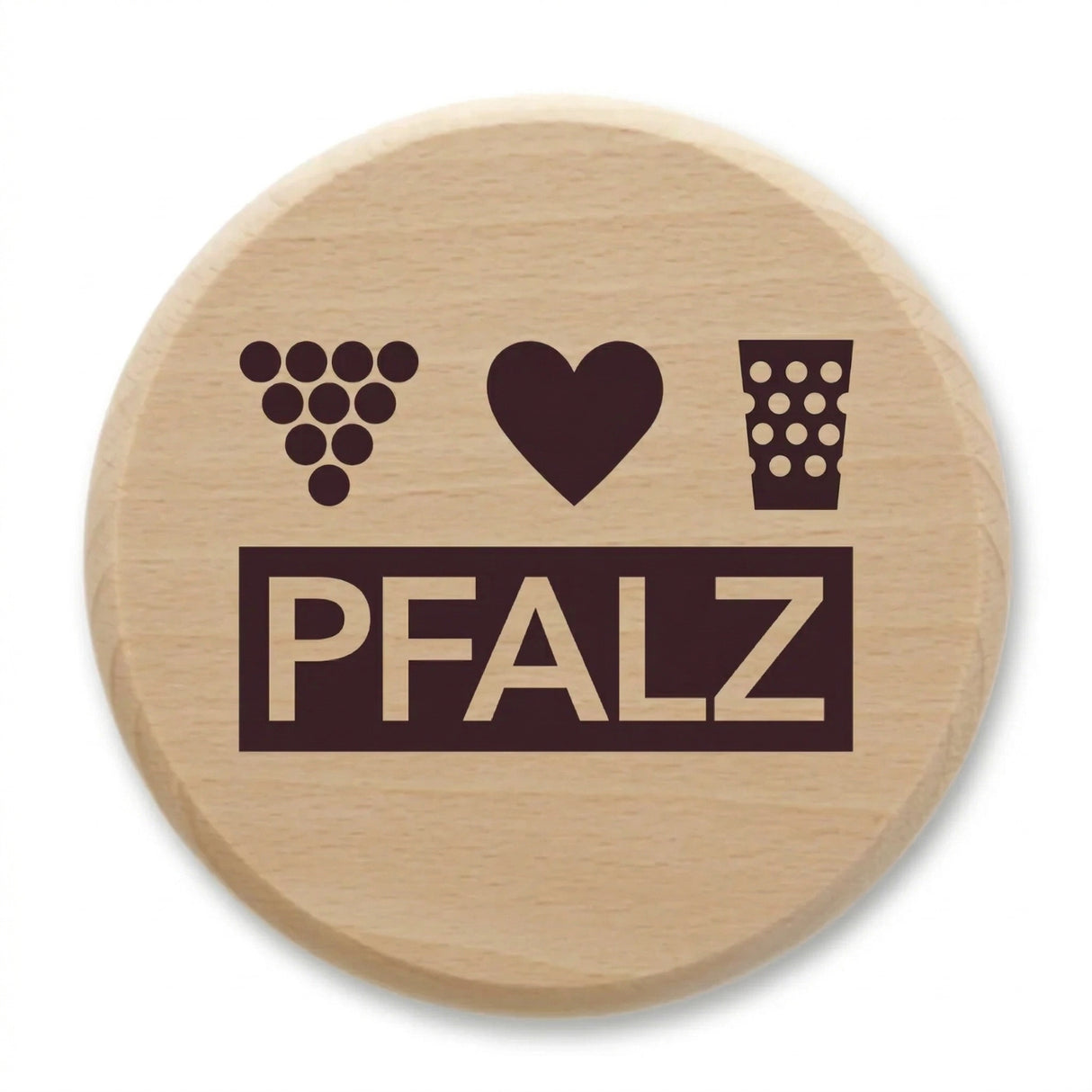 Pfalz - Dubbeglas Deckel aus Holz, mit Weintrauben und Herz