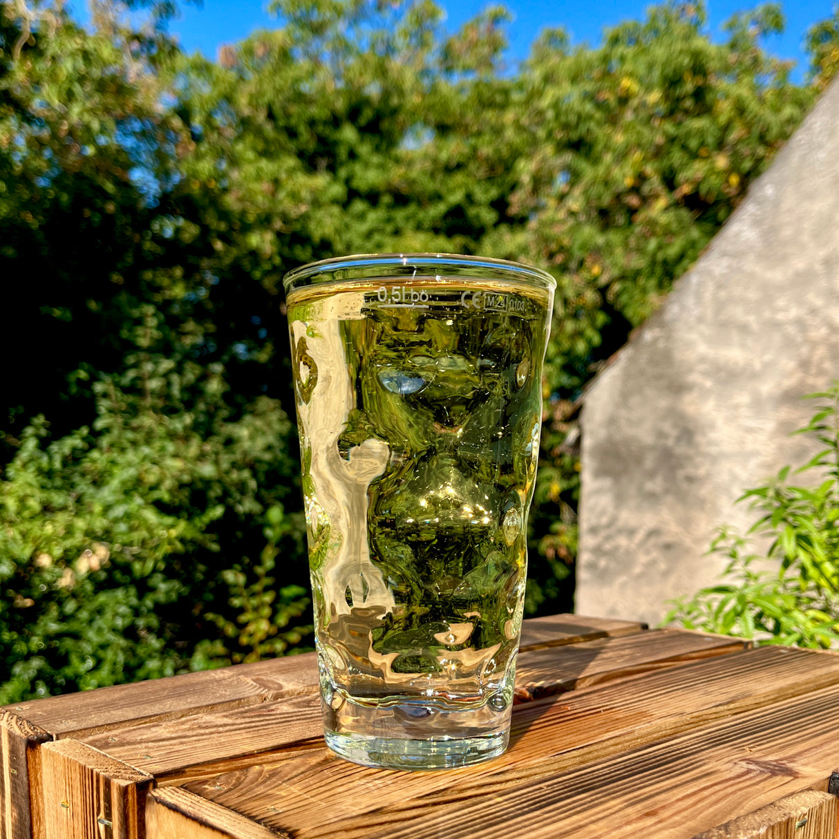 0,5 L Dubbeglas mit Pfälzer Rieslingschorle im Garten