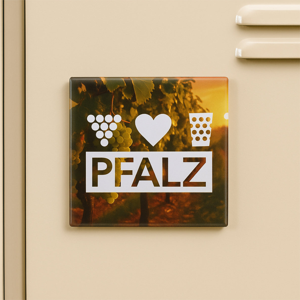 Pfalz Magnet mit Weintrauben im Hintergrund an eim Spind