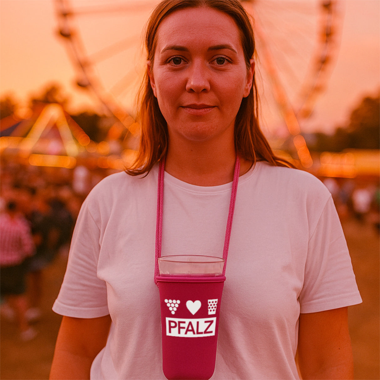 Pfalz Dubbeglashalter in der Farbe Pink, getragen von einer Pfälzer Frau auf dem Wurstmarkt in Bad Dürkheim